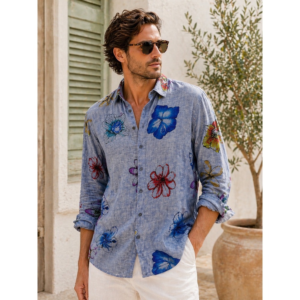 Haupt Floral Linen Cotton Blend Button Down Shirt Blue Artistic Relaxed Fit M